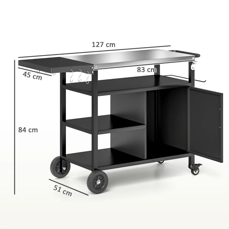 Outdoor BBQ Stand with Foldable Side Table, Stainless Steel Top, Pizza Oven Table with Wheels Hooks Shelves