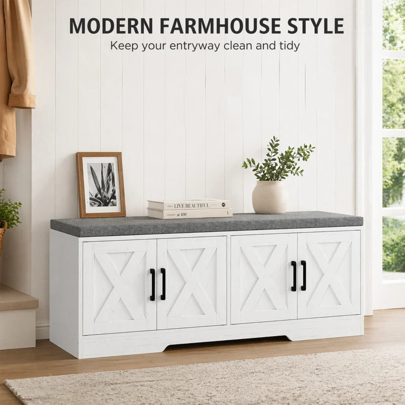 HOMCOM Farmhouse Shoe Storage Bench with Cushion, Entryway Bench with Adjustable Shelves & Cabinet Doors, White