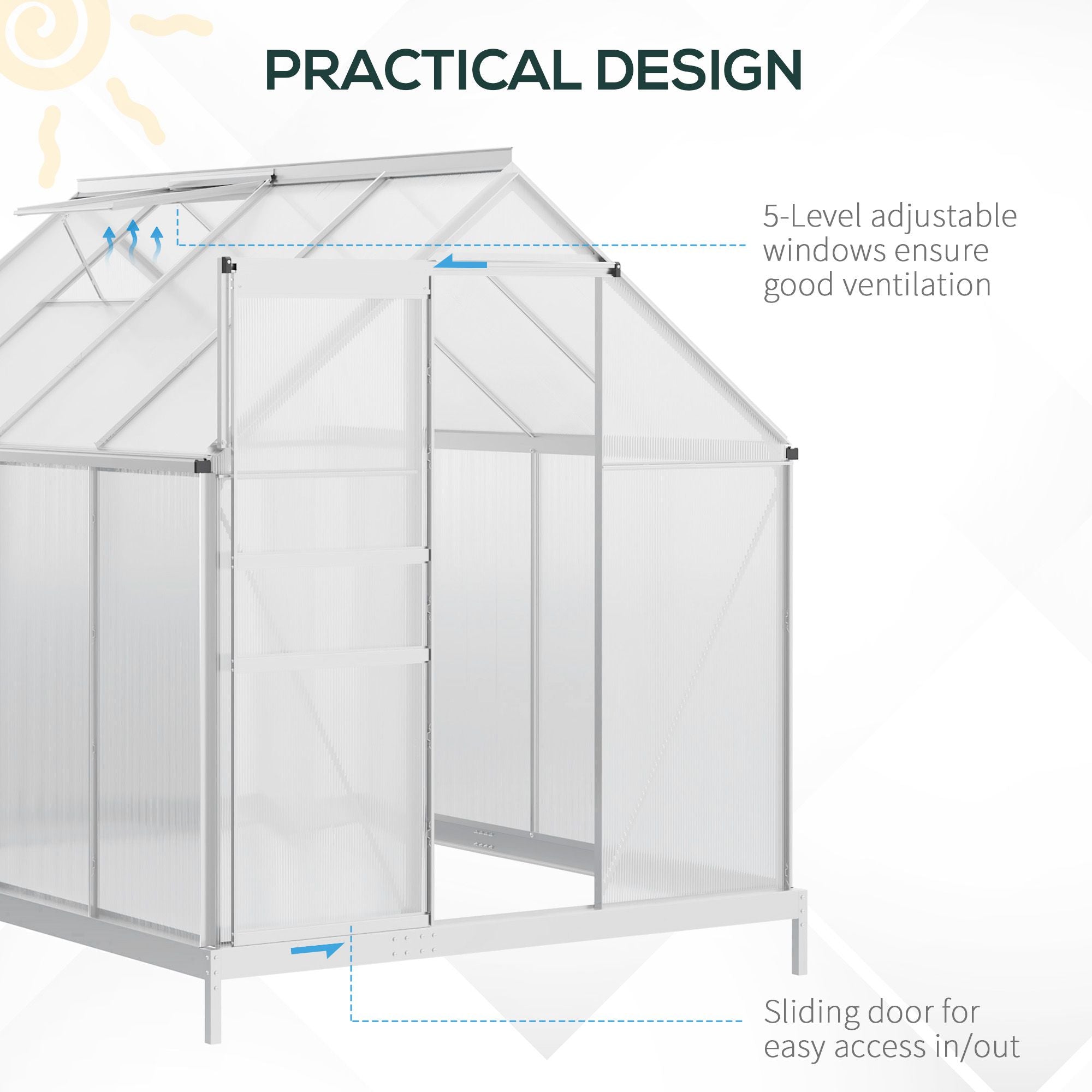 Outsunny Walk-in Greenhouse 6' x 8' x 6.5' Polycarbonate Adjustable Roof Vent Base Sliding Door Clear 