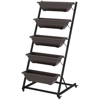 Outsunny Mobile 5-Tier Vertical Garden Planter with Wheels 5 Planting Boxes for Vegetables Flowers Brown Outdoor Stand 