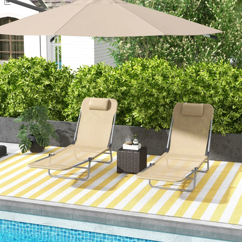 Folding Outdoor Lounge Chair Set of 2, Reclining Tanning Chair with 5-Position Adjustable Backrest, Brown