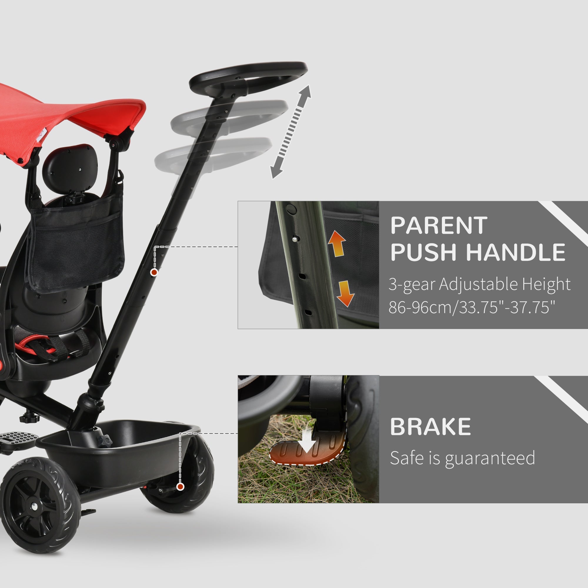 Aosom Qaba Stroller Trike: Baby Tricycle 4 In 1, Reversible Seat, Adjustable Removable Canopy, Handrail Belt, Red 