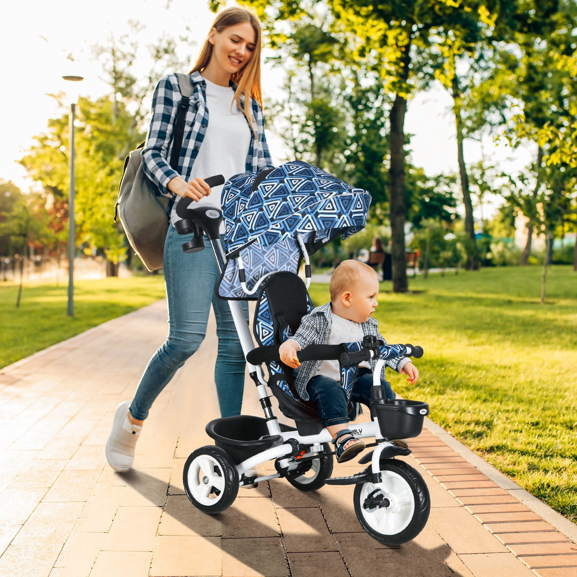 Qaba 6-in-1 Toddler Tricycle - Enhanced with Parent Handle, Canopy, Storage, Cupholder, Light Blue, for Ages 1-5 