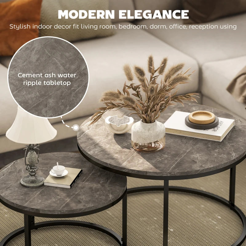 Modern Coffee Table Set of 2, Nesting Side Tables w/ Metal Base for Living Room Bedroom Office Faux Marbled Grey
