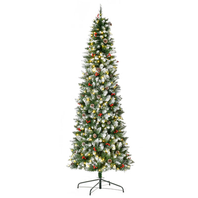 HOMCOM 7.5 ft Snow-Dipped Pencil Christmas Tree Pre-Lit Holiday Decoration with LED Lights Pine Cones Red Berries Green 
