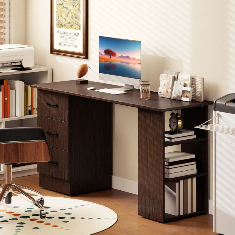 Computer Desk, 55" Writing Table with 3-Tier Shelves and 3 Reversible Drawers for Home Office, Bedroom, Walnut