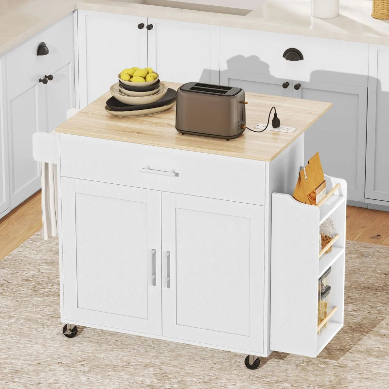 Kitchen Island with Storage, Rolling Kitchen Cart with Foldable Drop Leaf, Power Outlet and USB Ports, White