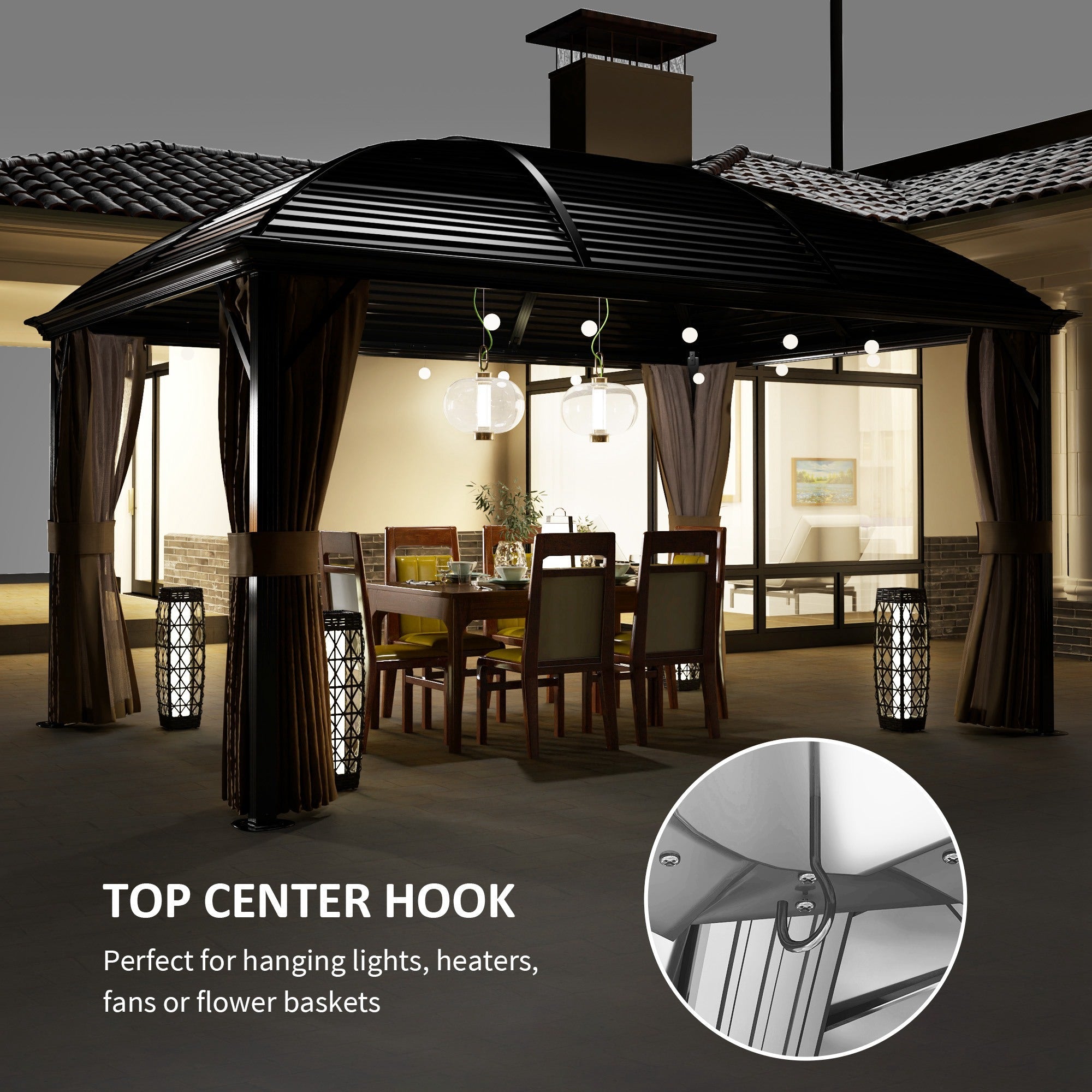 Outsunny 10' x 13' Hardtop Gazebo Aluminum Outdoor Canopy with Mesh Nettings, Curtains, Brown 