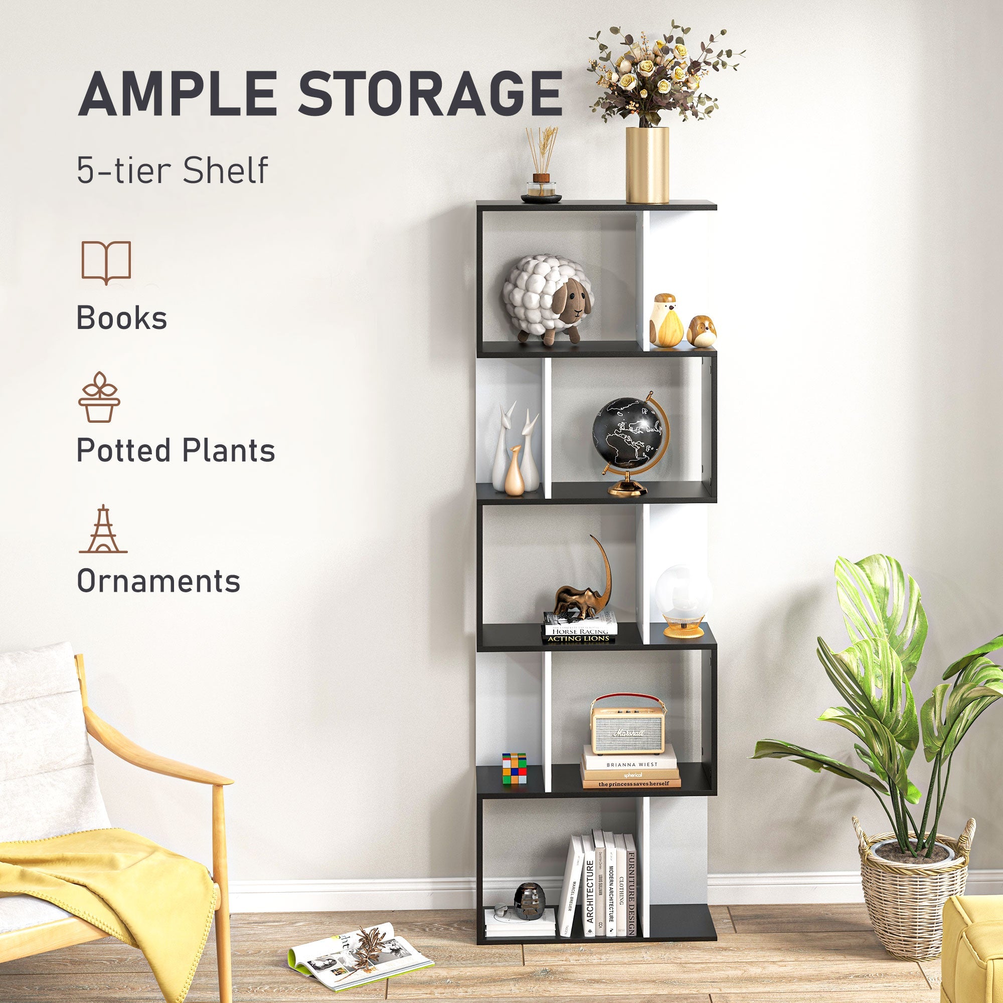 HOMCOM 5-Tier Modern Bookcase Display Shelf Storage Room Divider for Living Room Home Office Black 