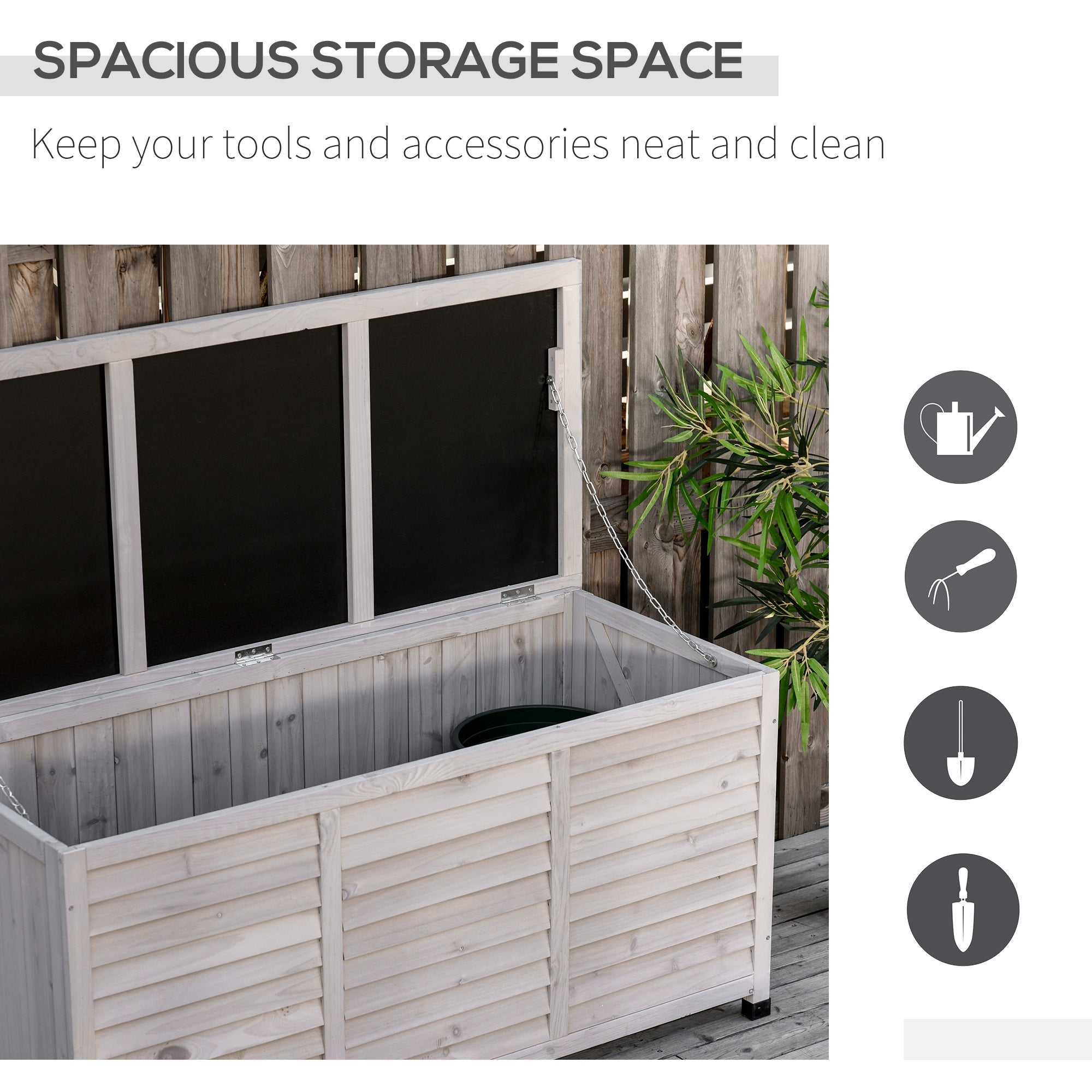 Outsunny 75 Gallon Wooden Deck Box, Outdoor Storage Container with Aerating Gap & Weather-Fighting Finish, Grey 