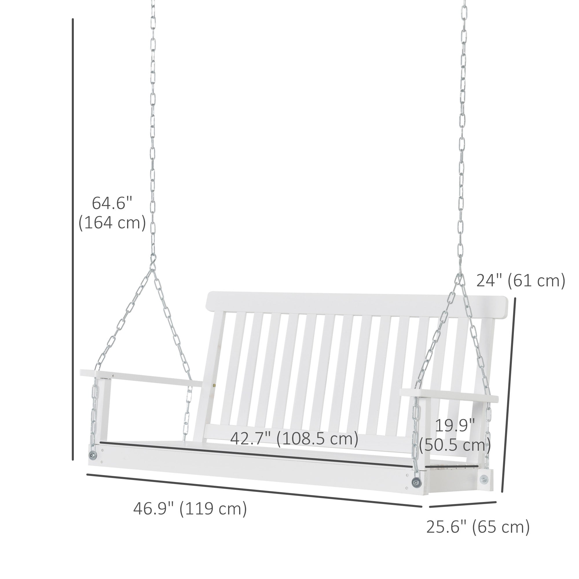 Outsunny Fir Wooden Porch Swing Chair 2-Seater Patio Swing with Slatted Design and Hanging Chains in White 
