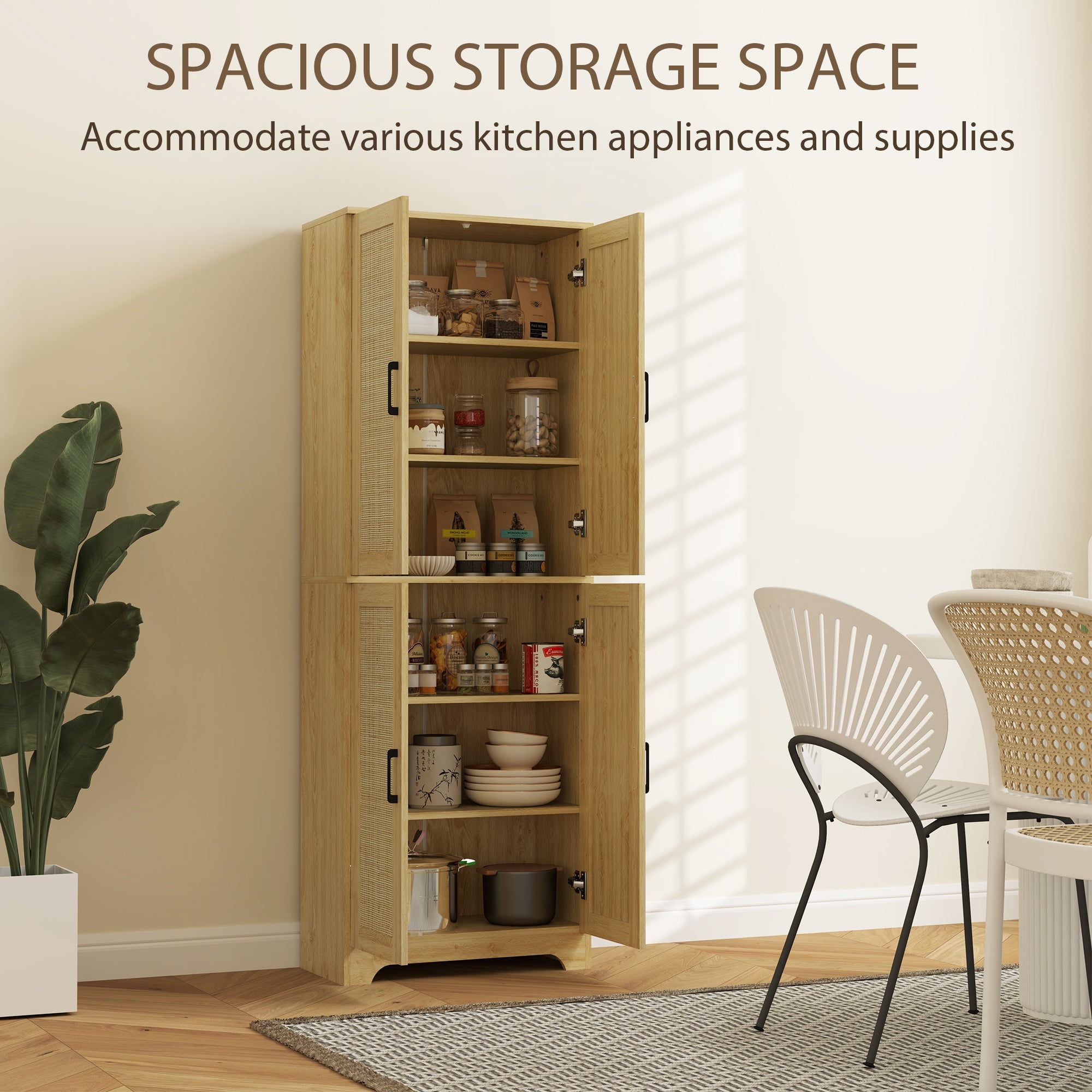 HOMCOM 67" Tall Kitchen Pantry, Freestanding Kitchen Storage Cabinet with 4 Rattan Doors and Adjustable Shelves, Oak 