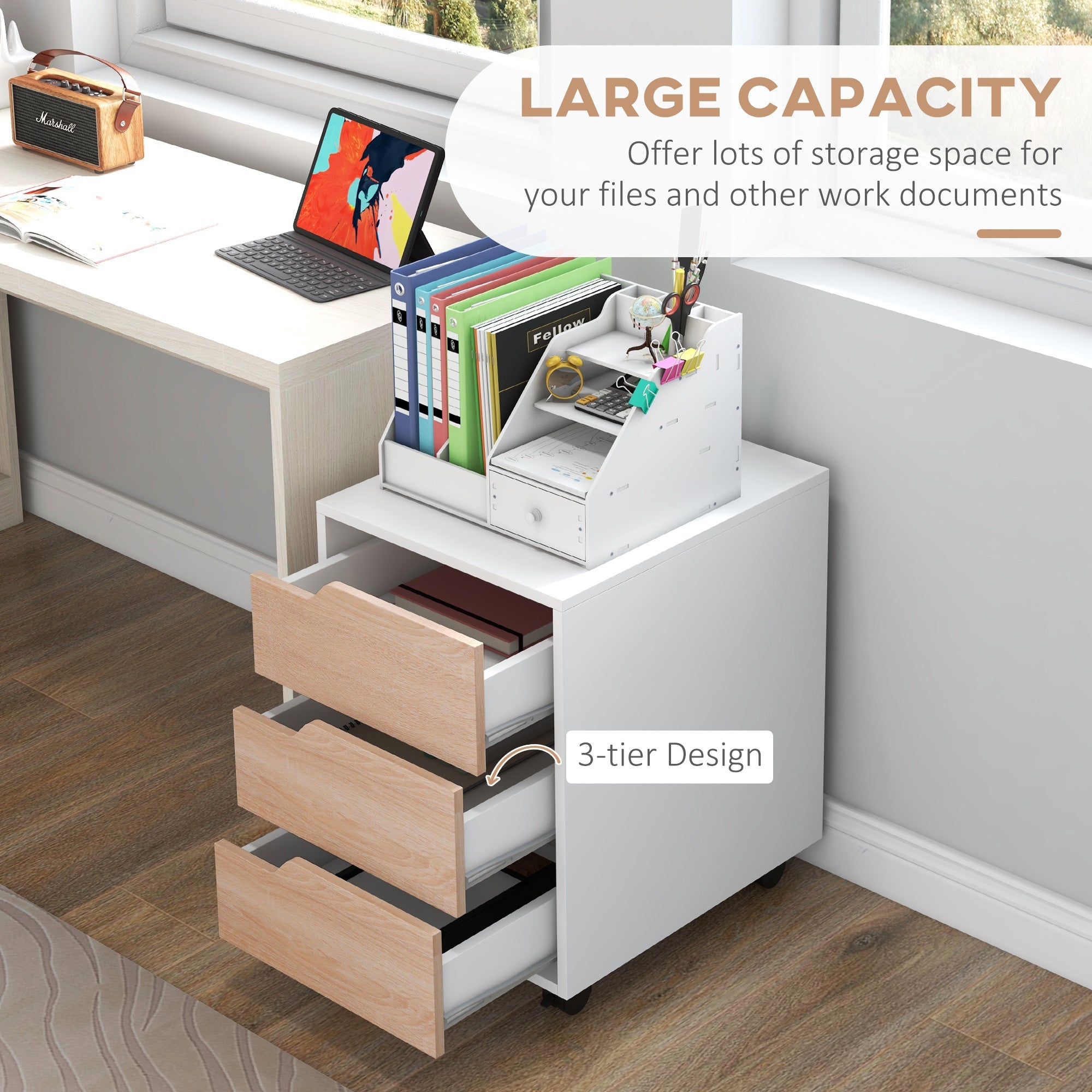 HOMCOM Mobile File Cabinet 3 Drawers Vertical Filing Organizer Wheels Office Storage Oak Furniture 