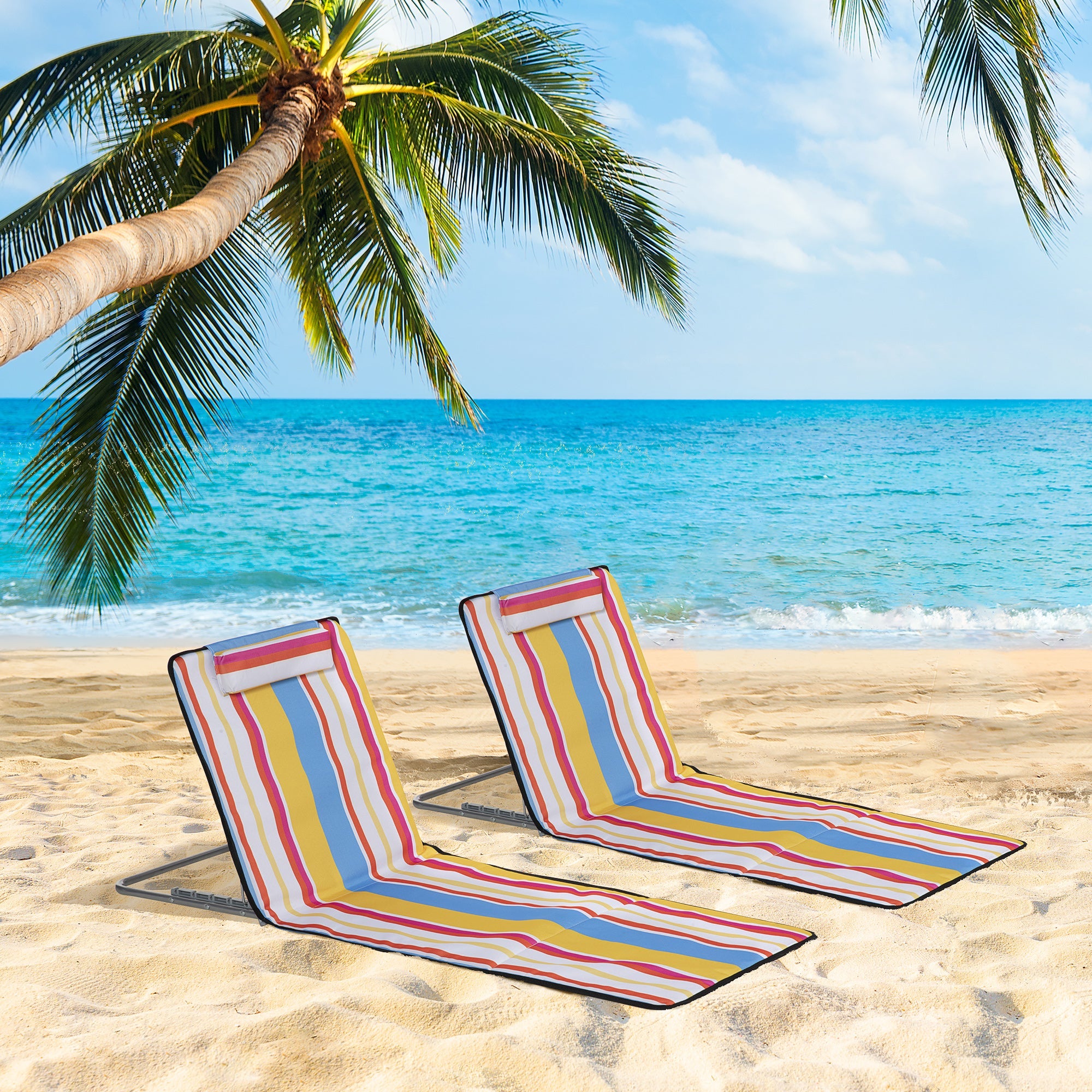 Outsunny Set of 2 Beach Lounge Chair Sun Lounger Beach Mat, Padded Folding Ground Mat Lounge Chair w/Adjustable Back, Steel Frame 