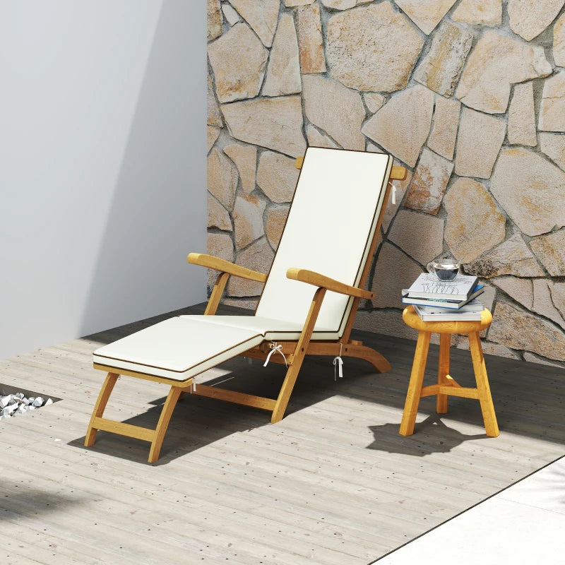 Folding Patio Lounge Chair with Padded Cushion, Acacia Wood Patio Lounger Recliner with Footrest for Garden, White