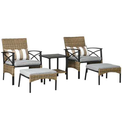 Outsunny Garden Furniture Set 5PC Rattan with Armchairs Stools & Steel Tabletop Khaki 