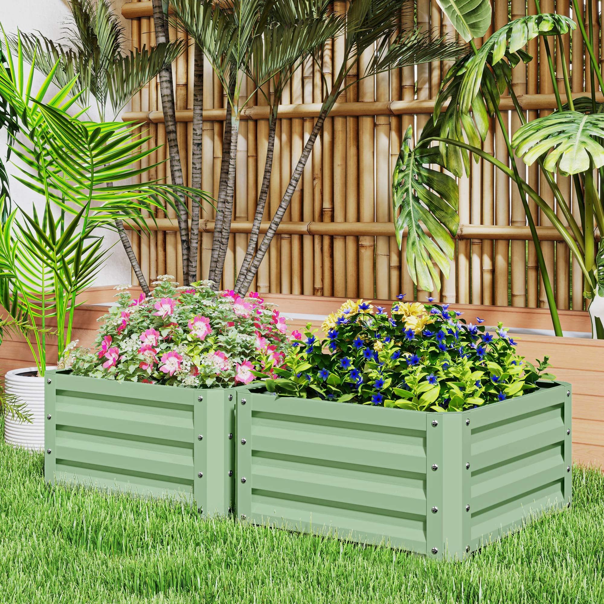 Outsunny 2' x 2' x 1' 2-Pieces Raised Garden Bed with Galvanised Steel Frame for Vegetables, Flowers, Herbs, Light Green 