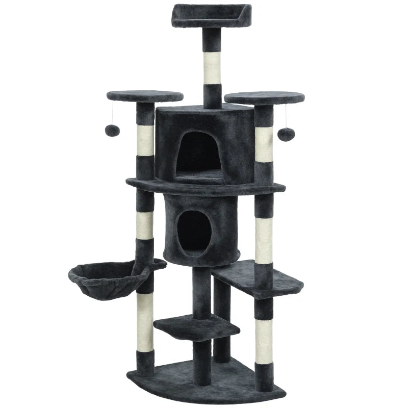 62" Cat Tree with Scratching Post, 2 Condos, Hammock, Perches, Plush, Pompoms, for Indoor Cats, Dark Grey