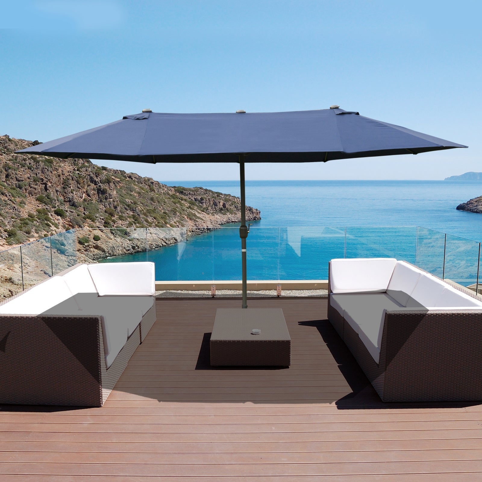 Outsunny Dual Haven Sunshade: 15' Double Canopy Patio Umbrella with Lift Crank, Cross Base Dark Blue 