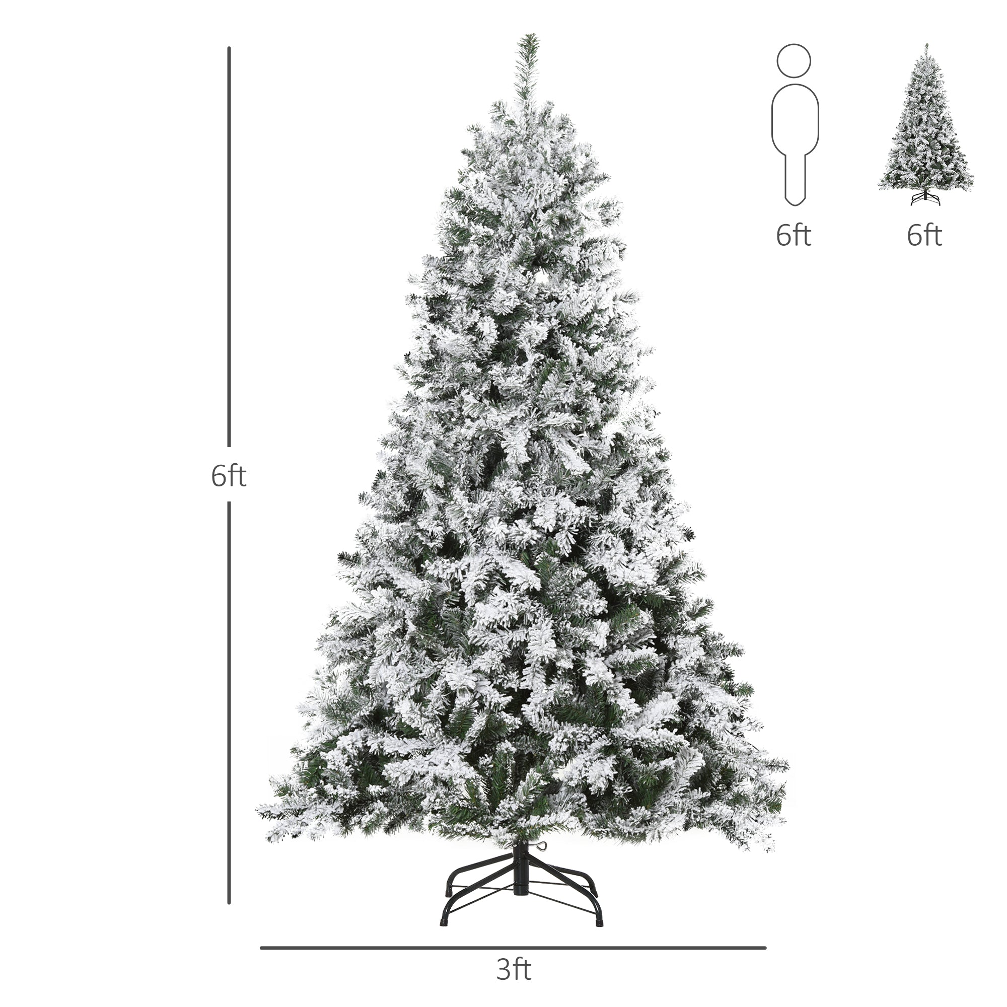 HOMCOM 6ft Tall Snow Flocked Artificial Tree with 928 Branches 250 LED Warm White Light for Holiday Home Christmas Decoration, Green 