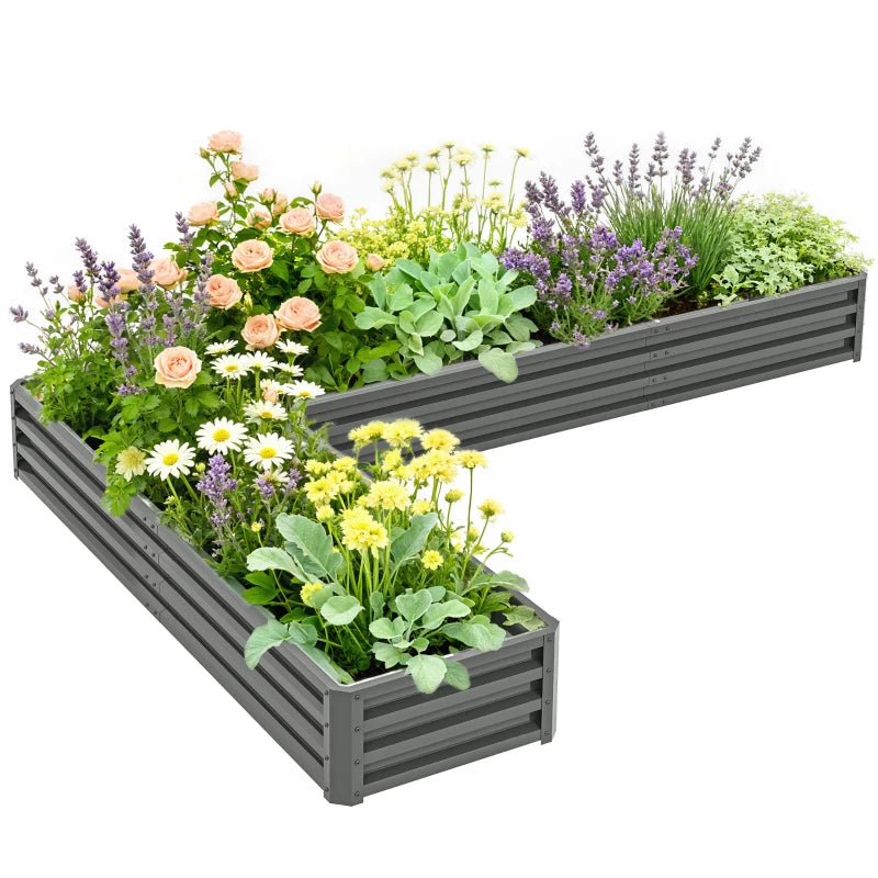 L-Shaped Raised Garden Bed, 82" x 109" x 12" Galvanized Steel Planter Box with Multi-reinforced Rods for Vegetables, Flowers and Herbs, Light Grey