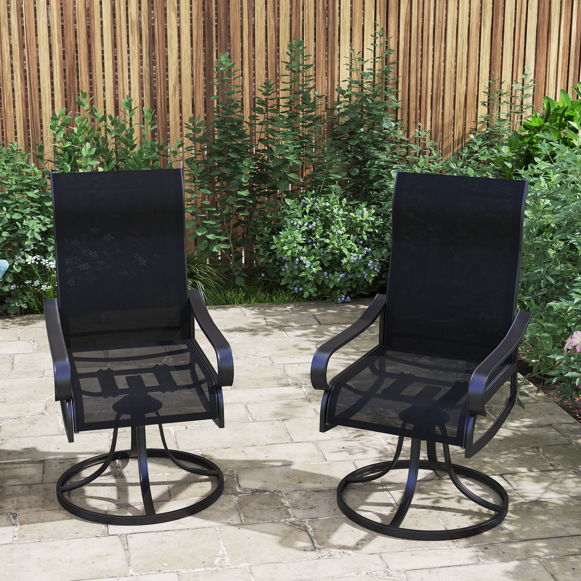 Outsunny 2-Piece Patio Swivel Chairs, 360° Swivel Rocking Chairs with Curved Armrests, S Shape Backrest, Breathable Mesh Seat & Backrest for Yard, Lawn, Porch, Garden, Black 