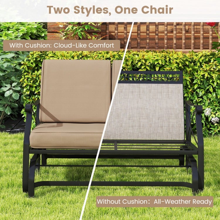Outdoor 2-Person Glider Rocking Chair Loveseat with Thick Cushions and Metal Frame-Brown