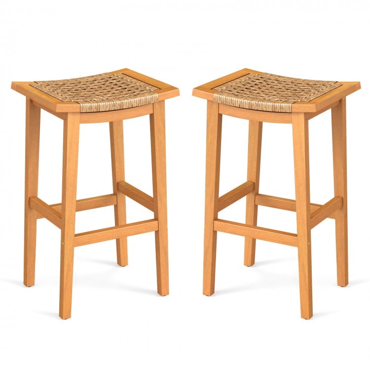 Outdoor Acacia Wood Bar Stools Set of 2 with PE Rattan Seats and Backrests