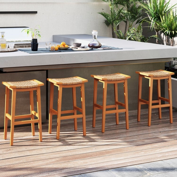 Outdoor Acacia Wood Bar Stools Set of 2 with PE Rattan Seats and Backrests