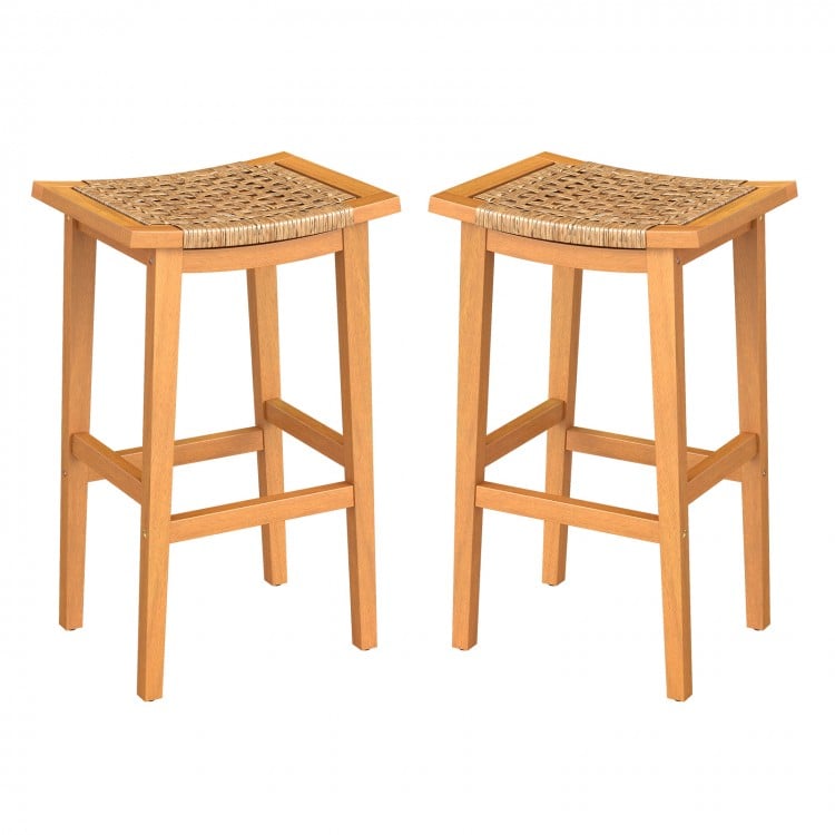 Outdoor Acacia Wood Bar Stools Set of 2 with PE Rattan Seats and Backrests