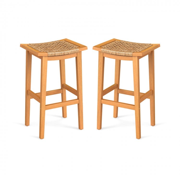 Outdoor Acacia Wood Bar Stools Set of 2 with PE Rattan Seats and Backrests