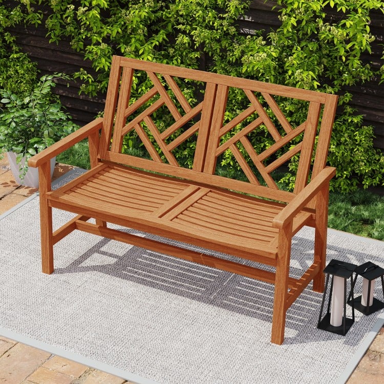 Outdoor Bench Wood 2-Person Patio Loveseat Chair with Geometric Backrest