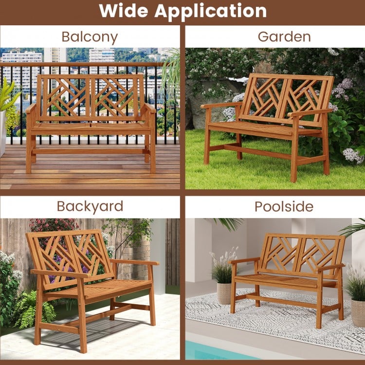 Outdoor Bench Wood 2-Person Patio Loveseat Chair with Geometric Backrest