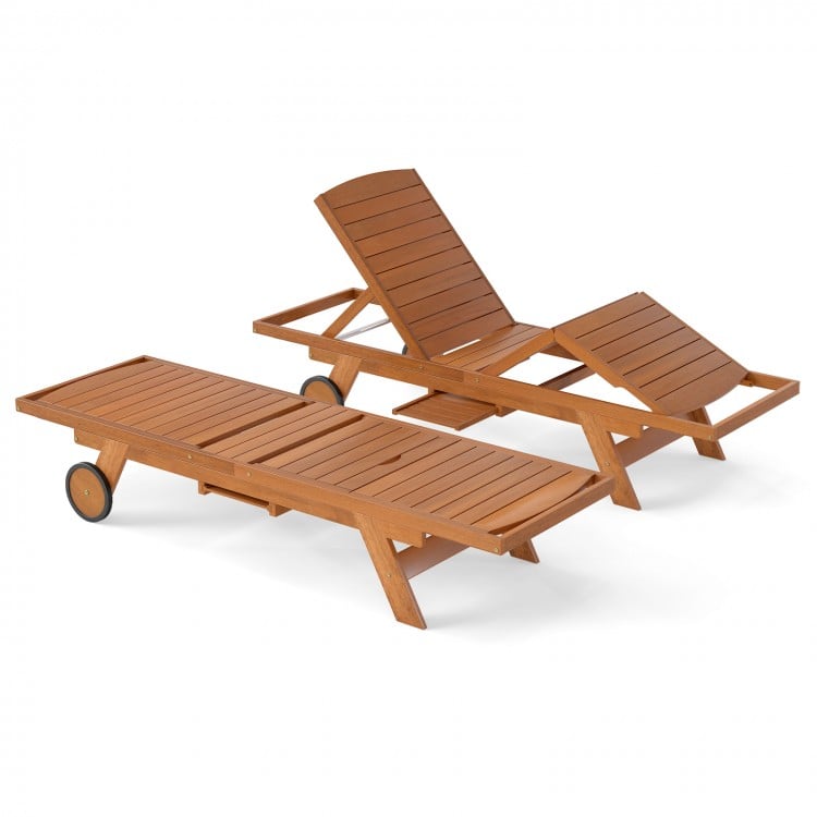 Outdoor Chaise Lounge Chair with Wheels 4-Position Patio Wood Recliner with Adjustable Backrest