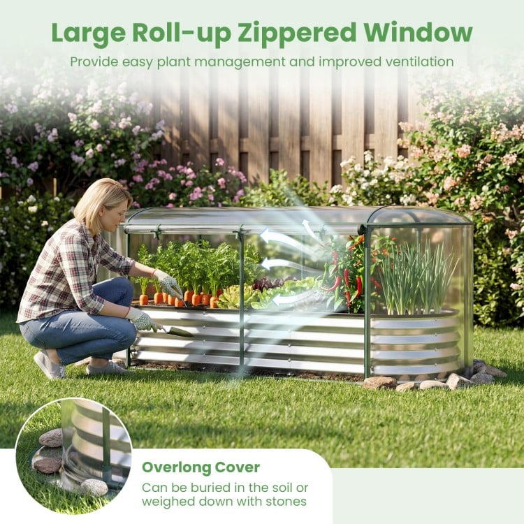 Outdoor Color Steel Raised Garden Bed with Greenhouse Cover Roll-up Window-Silver