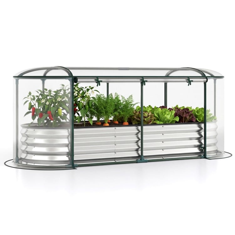 Outdoor Color Steel Raised Garden Bed with Greenhouse Cover Roll-up Window-Silver