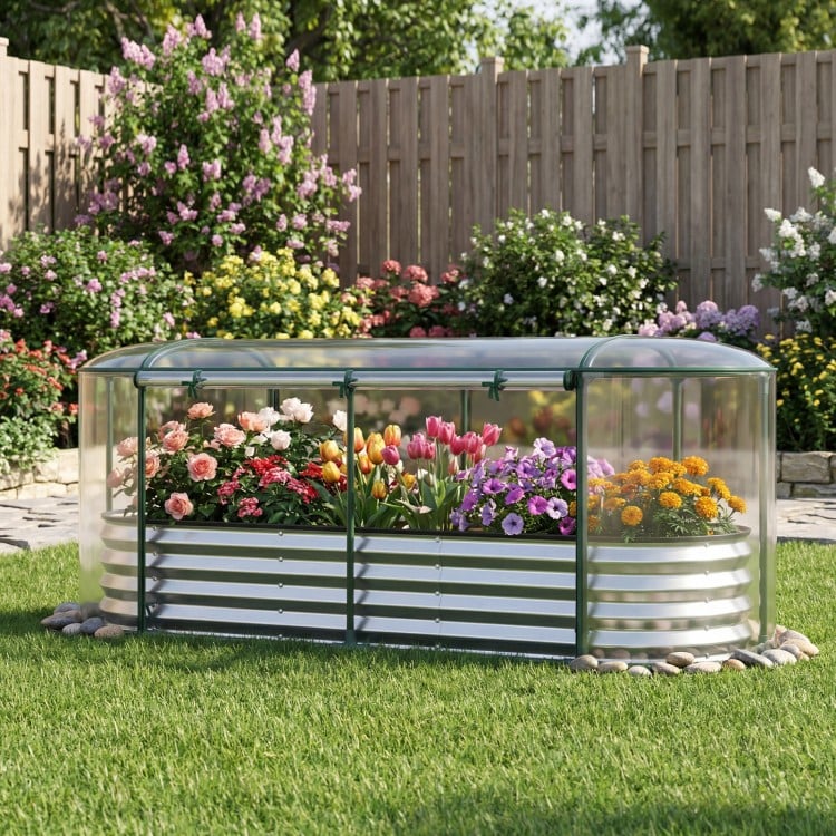 Outdoor Color Steel Raised Garden Bed with Greenhouse Cover Roll-up Window-Silver