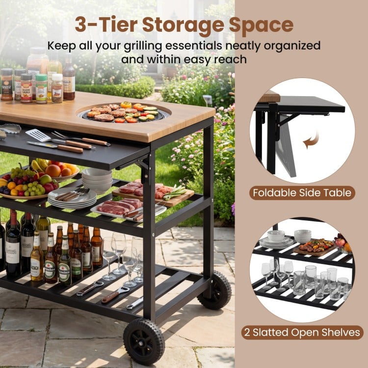 Outdoor Dining Cart with BBQ Grill and Folding Side Panel