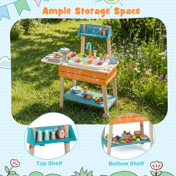 Outdoor Kids Play Kitchen Set Wooden Toy Kitchen Playset with Removable Sink