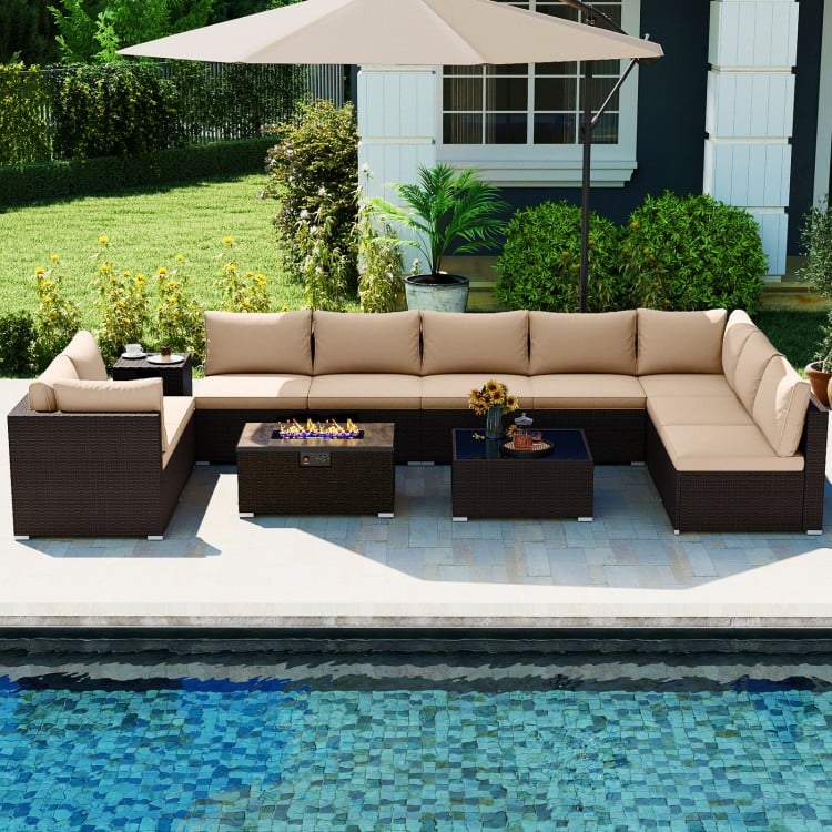Outdoor PE Rattan Conversation Set with 32” Propane Fire Pit Table and Tank Holder