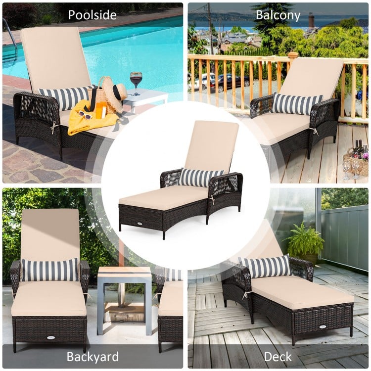 Outdoor Patio Wicker Chaise Lounge Chair with Adjustable Backrest and Pillow-Beige