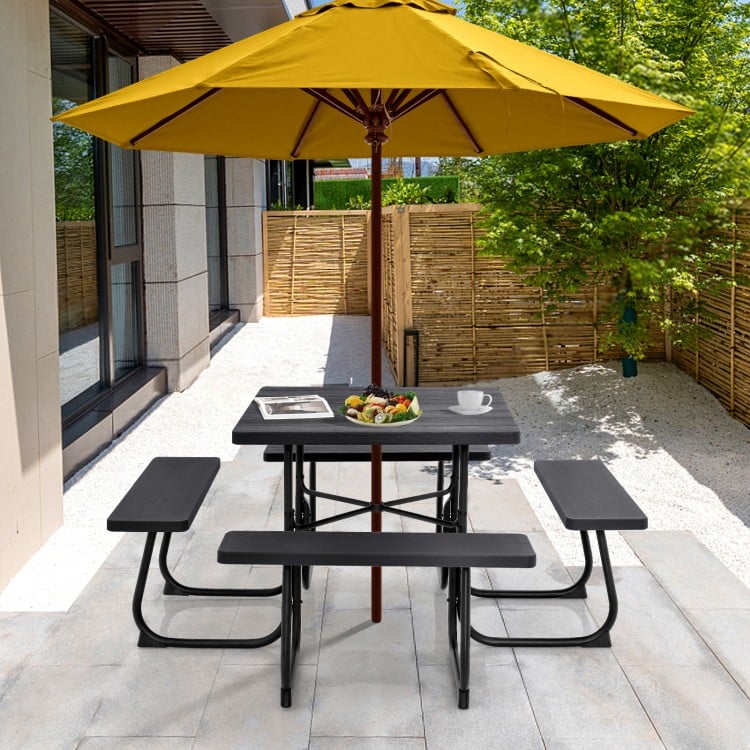 Outdoor Picnic Table with 4 Benches and Umbrella Hole-Brown