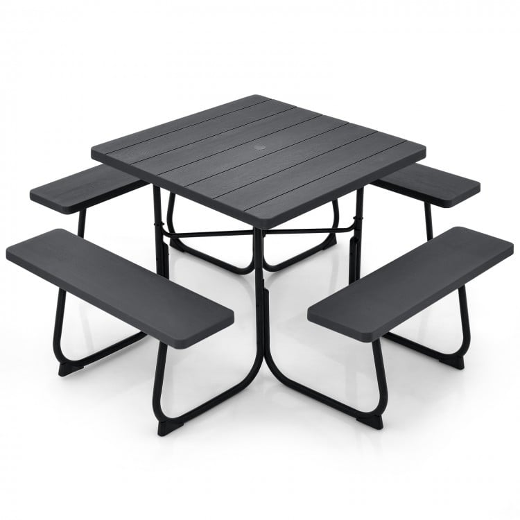 Outdoor Picnic Table with 4 Benches and Umbrella Hole-Brown