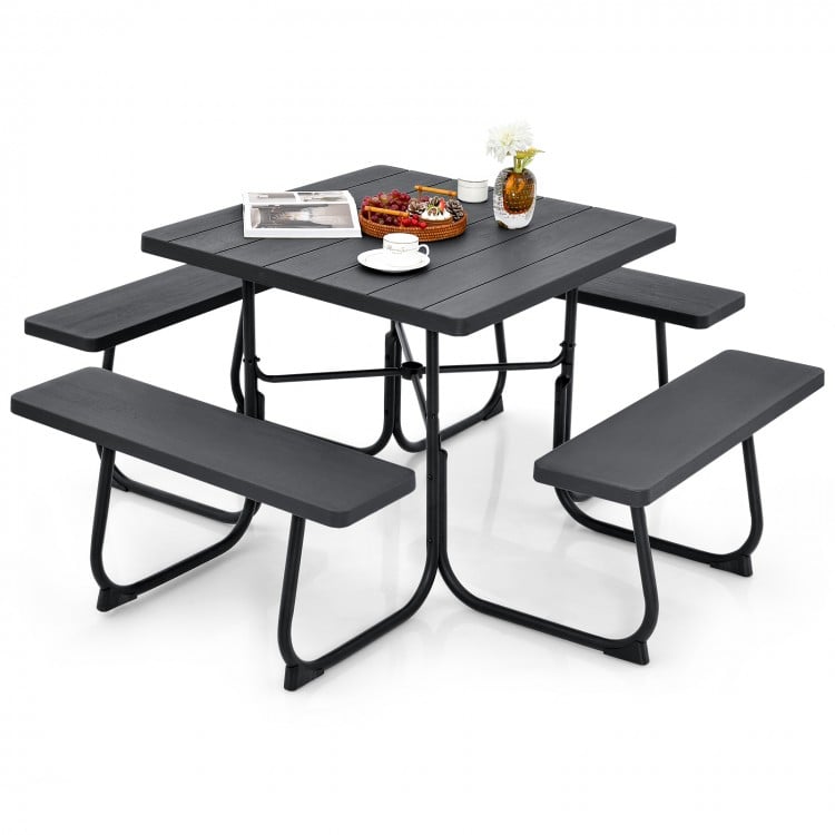 Outdoor Picnic Table with 4 Benches and Umbrella Hole-Brown