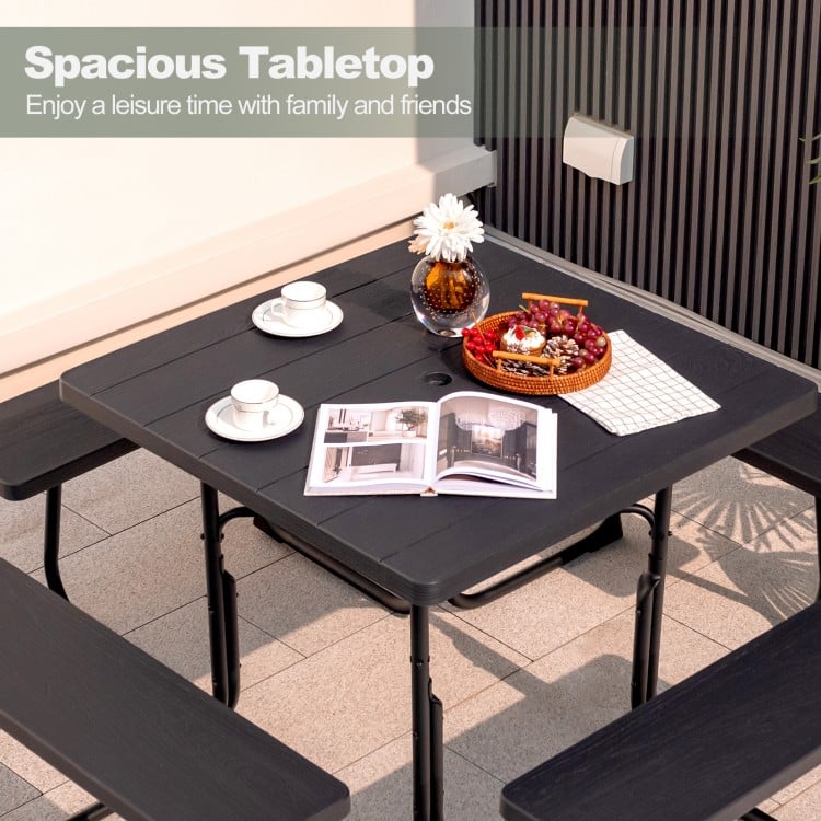 Outdoor Picnic Table with 4 Benches and Umbrella Hole-Brown