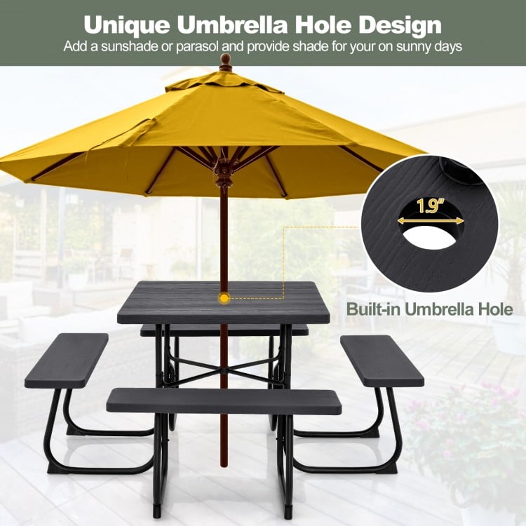 Outdoor Picnic Table with 4 Benches and Umbrella Hole-Brown