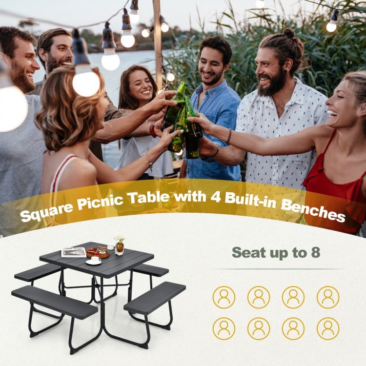 Outdoor Picnic Table with 4 Benches and Umbrella Hole-Brown