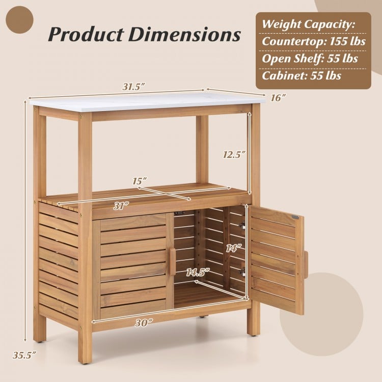 Outdoor Potting Bench Acacia Wood Garden Potting Table Planting Work Bench Station with Louvered Doors