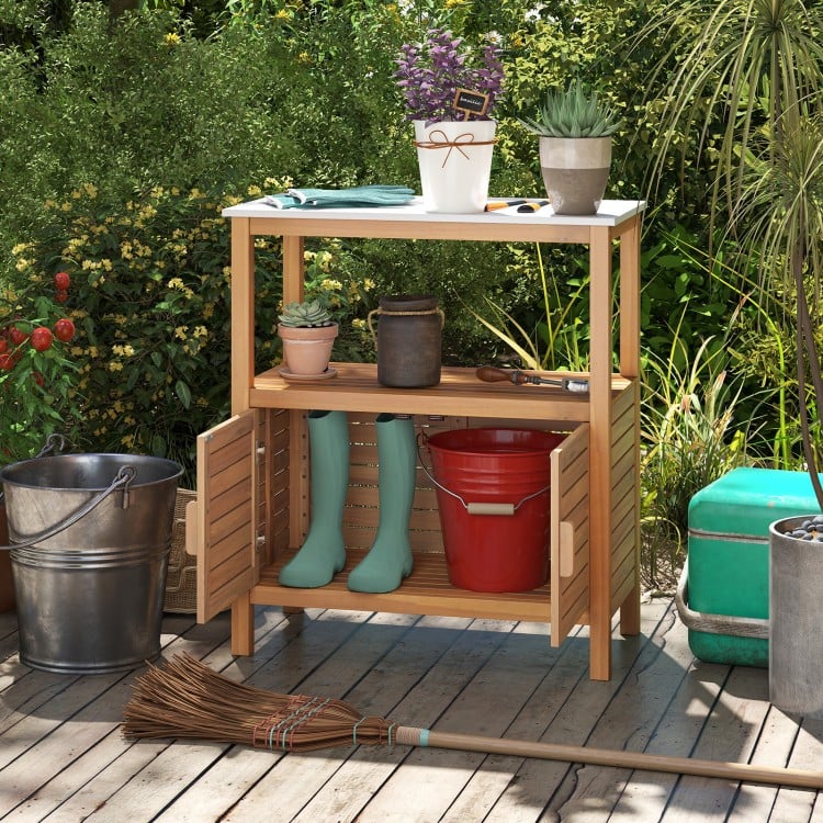 Outdoor Potting Bench Acacia Wood Garden Potting Table Planting Work Bench Station with Louvered Doors