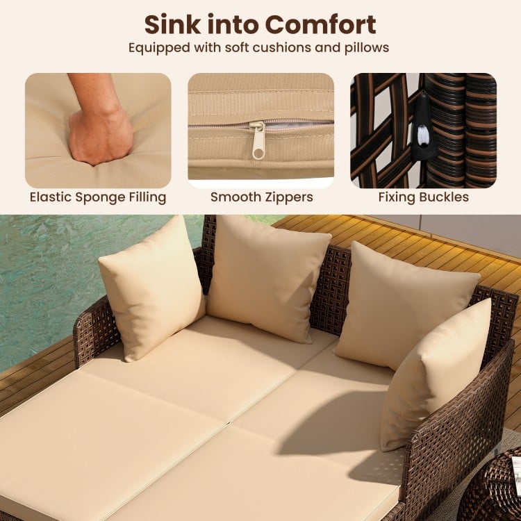 Outdoor Rattan Double Daybed Wicker Chaise Lounge-Brown